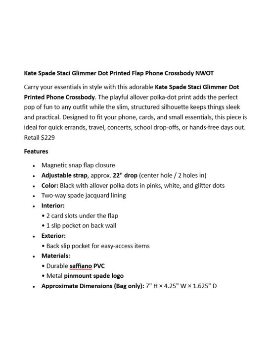 Kate Spade Staci Glimmer Dot Printed Flap Phone Crossbody NWOT - Picture 2 of 6